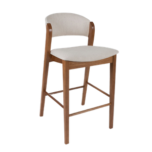 Banqueta Encosto em Madeira Estofado Linho Creme. Cor Natural