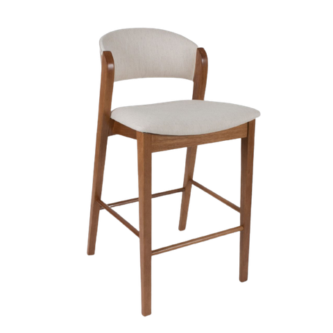 Banqueta Encosto em Madeira Estofado Linho Creme. Cor Natural