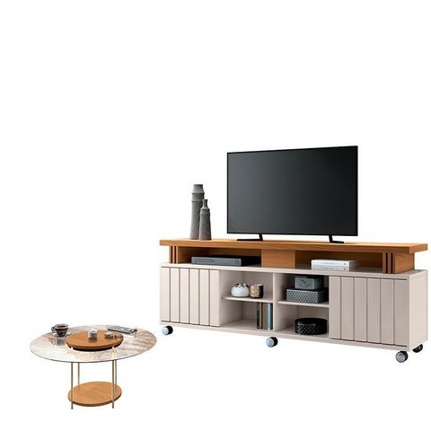 Rack Bancada Rivera 1.8 com Mesa de Centro Sky com Tampo de Vidro Cinamomo Off White – Hb Móveis