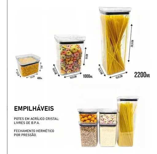 Ver imagem 3 de Kit 8 Potes Hermeticos Pequenos 500ml Vedacao Forte Empilhavel Vitahome