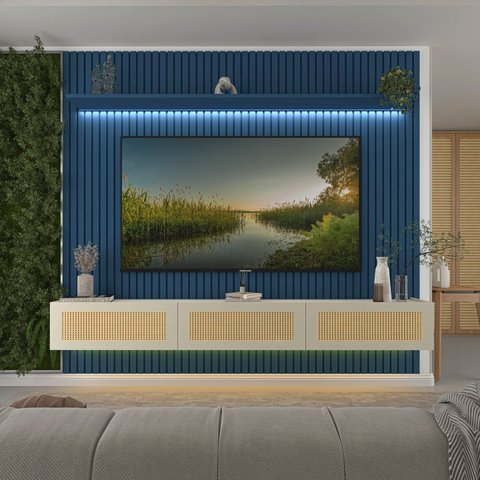 Estante Home para TV até 85 Polegadas Ripado com LED 100% MDF 250CMX228,8cm Nobre Native Azul