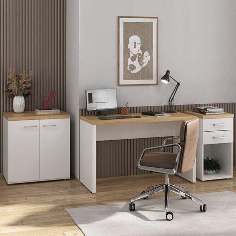 Conjunto de Escritório 3 Peças Toq: Mesa, Gaveteiro e Balcão Olmo Branco Artany