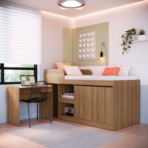 Cama Alta Solteiro Multifuncional com Escrivaninha Mel