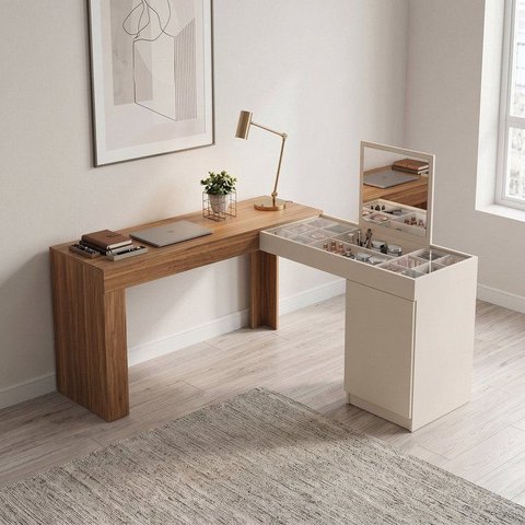 Escrivaninha Mesa Escritório Penteadeira de Canto com Espelho Star 1 Porta 136cm Off White Marrom