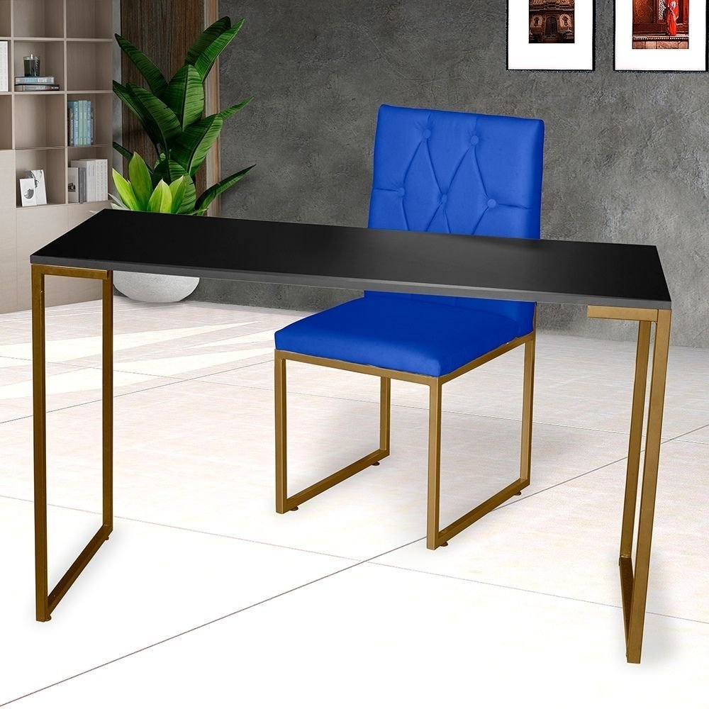 Kit Home Office Mesa Para Escritorio com Cadeira Malta Ferro Dourado Corino Azul Royal - Móveis - 2