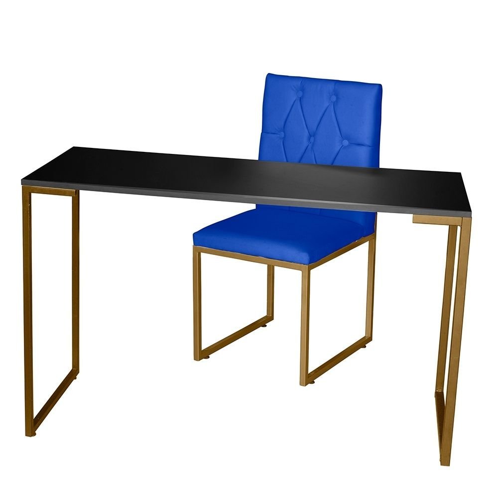 Kit Home Office Mesa Para Escritorio com Cadeira Malta Ferro Dourado Corino Azul Royal - Móveis