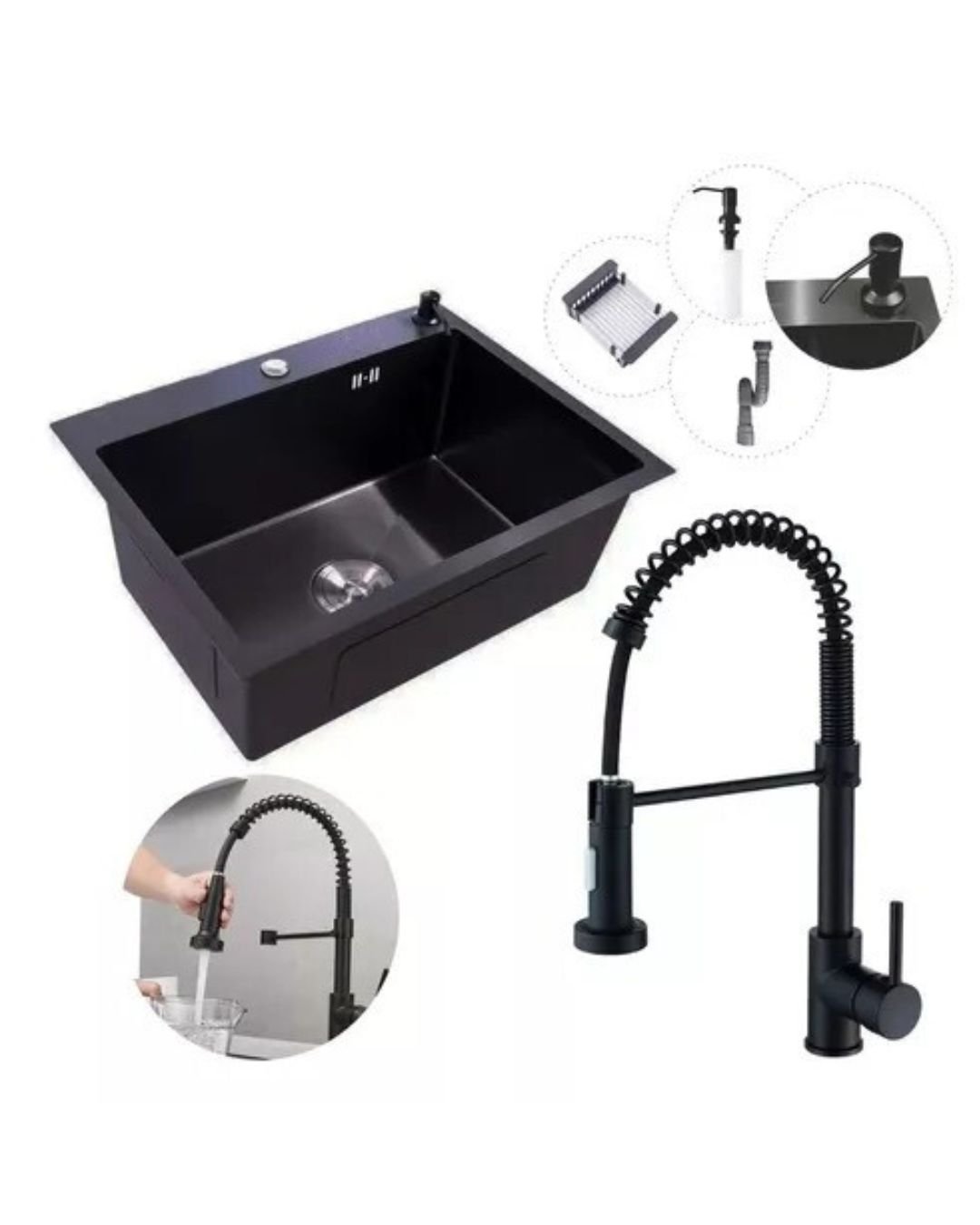 Cuba Pia Inox Quadrada Cozinha + Torneira Flexivel Preta
