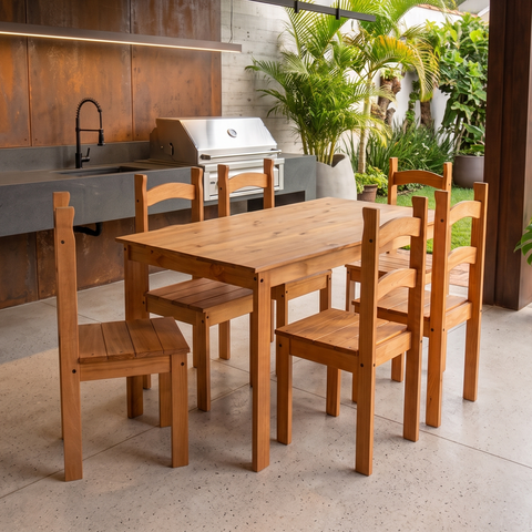 Conjunto Mesa de Jantar 6 Lugares com 6 Cadeiras Madeira Maciça Rubi Amarelo/Mel