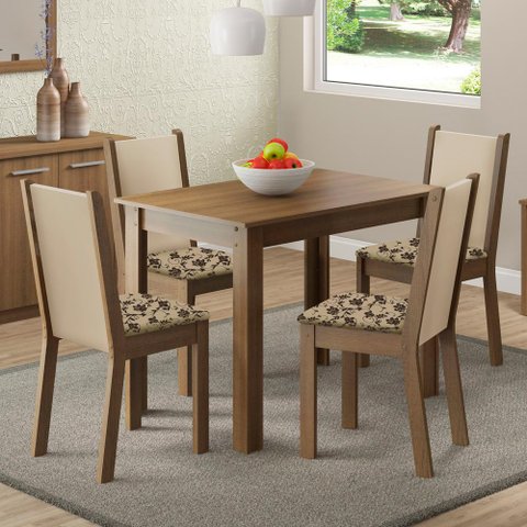 Conjunto Sala de Jantar Madesa Cíntia Mesa Tampo de Madeira com 4 Cadeiras Rustic/Crema/Bege Marrom 