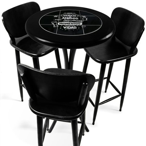 Cj Mesa Madeira Azulejo 60cm - Bistrô Fixa 98cm + 3 Banquetas 73 - Preta - Família e Amigos