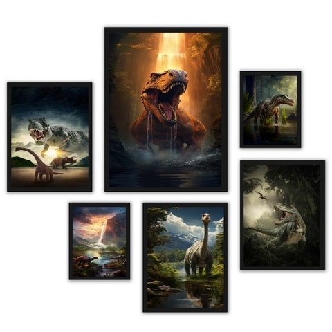 Kit Composição 6 Quadros Dinossauros - com Vidro:madeira Branca
