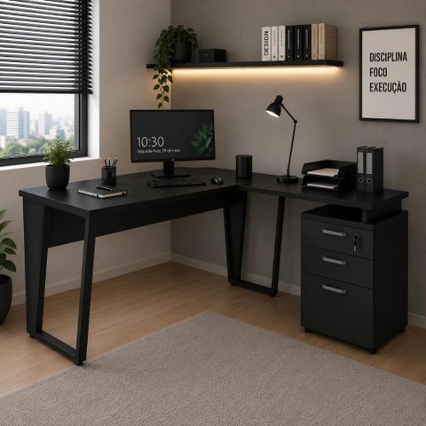 Mesa para Escritório em L com Gaveteiro Moderno 3 Gavetas 150cm Preto F5 Office