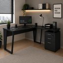 Ver imagem 1 de Mesa para Escritório em L com Gaveteiro Moderno 3 Gavetas 150cm Preto F5 Office