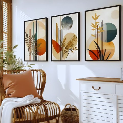 Kit 3 Quadros Boho Abstrato Folhagem Nude com Moldura:preta