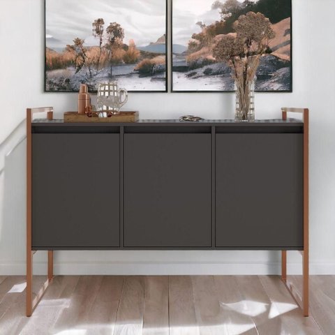 Aparador Buffet Flora Industrial 3 Portas MDP 120cm Preto Cobre Plata Móveis