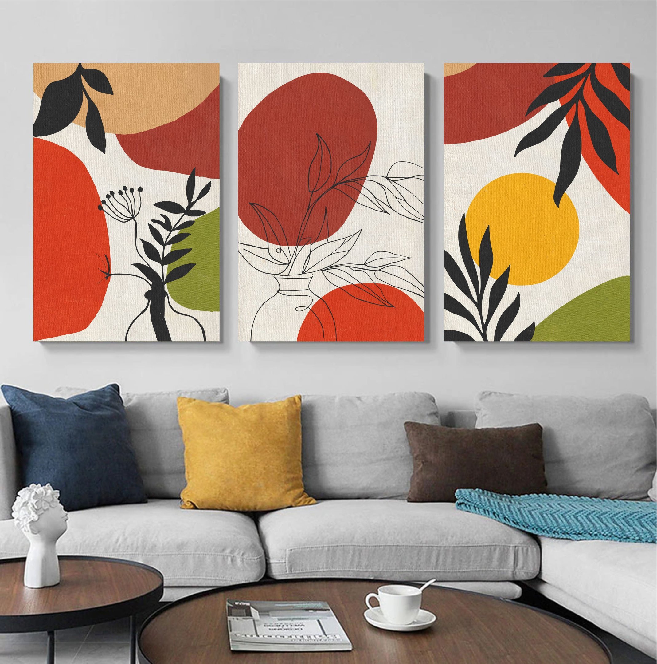 Conjunto com 3 grandes quadros pintados manualmente para decoração medindo 90x60cm cada quadro