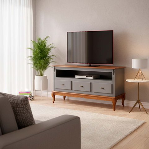 Rack para TV até 60 Polegadas 150 cm 3 Gavetas Pés Luis Xv em Madeira + Nicho