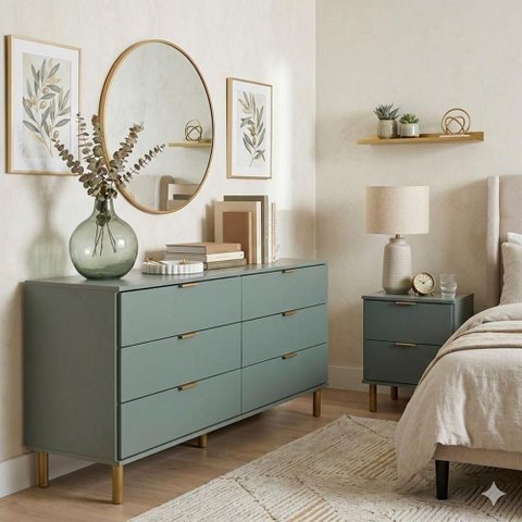 Conjunto de Quarto Cômoda Dm-243 6 e Mesa de Cabeceira Dm-125 2 MDF MDP Metal Verde Oliva Ditália