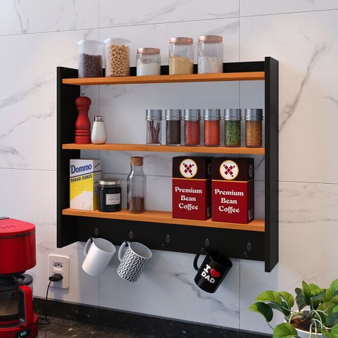 Armário Suspenso Suporte para Xícaras Cantinho do Café Organizador de Cozinha Amélia Preto/cinamom