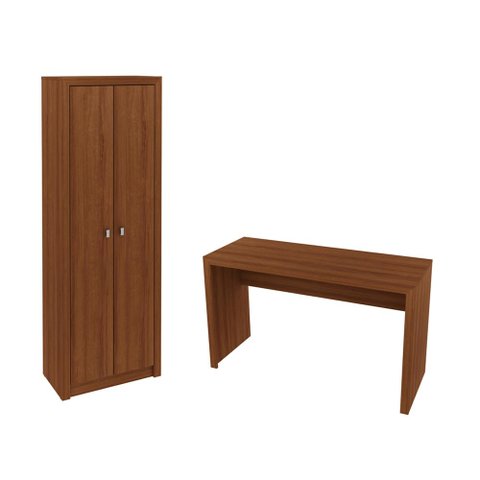 Escritório com Mesa para Computador Simples Gavetas com Armário 2 Portas Amendoa - Fdecor