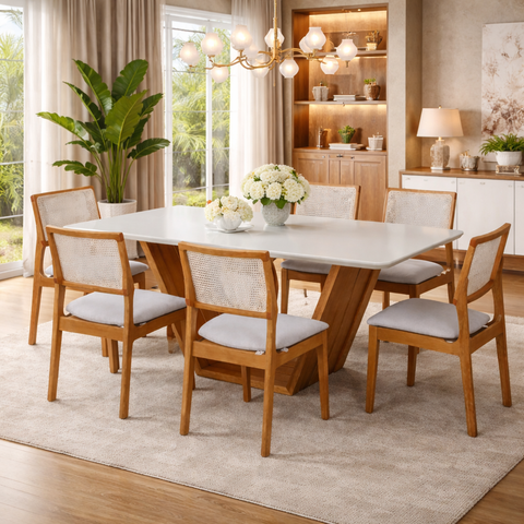 Mesa de Jantar Safira 6 Lugares com 6 Cadeiras Granada – 160x90 Madeira Maciça com Vidro