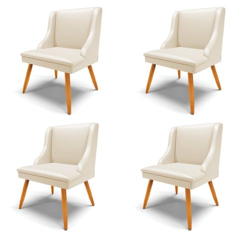 Kit 4 Cadeiras Decorativas Sala de Jantar Pés Palito de Madeira Firenze PU Bege/Natural G19 - Gran B