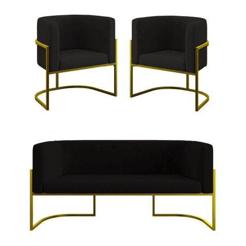 Kit 2 Poltronas + Sofá 2 Lugares Base de Metal Gold Balaqui Preto