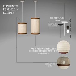 Conjunto Luminária Pendente Essence/eclipse Sala Jantar Quarto em Tela Indiana com Fio Branco 1,50m - 3