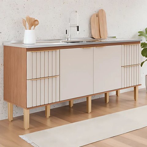 Gabinete de Cozinha Ripado 194cm Grande Madeira 100% MDF:Freijo/Off White