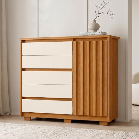 Cômoda Sapateira para Quarto 1 Porta 5 Gavetas Sardenha A04 Cinamomo Off White - Lyam Decor