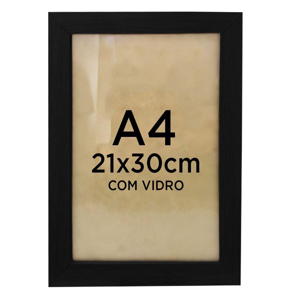 Moldura Quadro A4 21x30cm Diploma Certificado Foto com Vidro TaColado Moldura Preta 02 Unidades