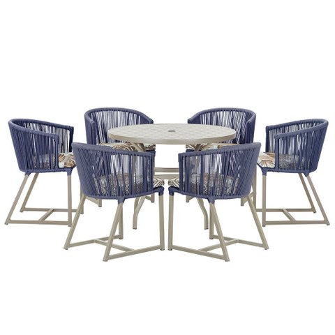 Mesa com 6 Cadeiras de Jantar Roma 120cm e Noronha em Alumínio Fendi Corda Náutica Estofado 6 Trama