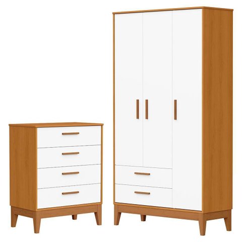 Jogo de Quarto Infantil Flip Guarda Roupa 3 Portas e Cômoda 4 Gavetas Branco Fosco/savana - Reller