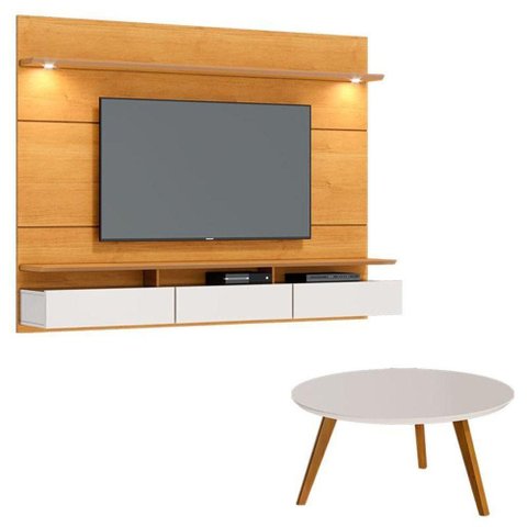 Painel Suspenso Decore 2.2 com Mesa de Centro Classic Redonda Nature Off White - Imcal