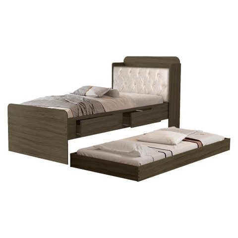 Bicama Solteiro Capitone 220x98 Cm com Bau e Cama Auxiliar Mdf Castanho Bege Decmade