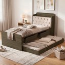 Ver imagem 2 de Bicama Solteiro Capitone 220x98 Cm com Bau e Cama Auxiliar Mdf Castanho Bege Decmade