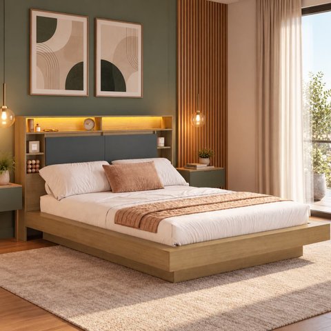 Cama Queen/Casal com Cabeceira e Nicho com LED Móvel na Caixa