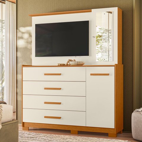 Cômoda Sapateira com Espelho e Painel para TV 2 Portas 4 Gavetas Lecco A04 Cinamomo Off White - Lyam
