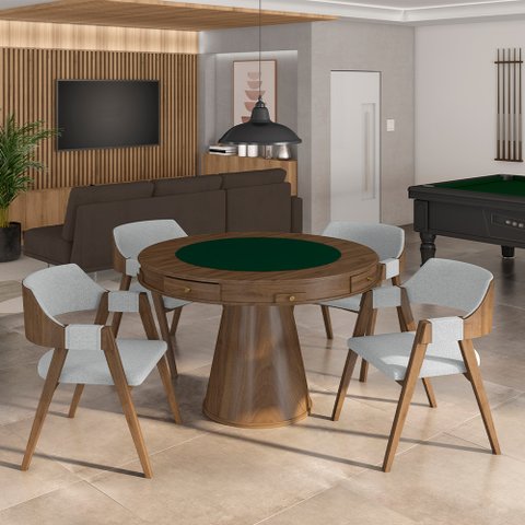 Conjunto Mesa de Jogos Carteado Bellagio Tampo Reversível Verde e 4 Cadeiras Madeira Poker Base Cone