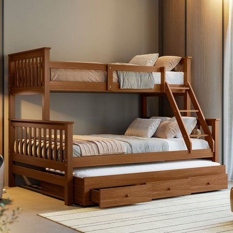 Treliche com Cama Casal Madeira Maciça e Aux Solteiro com Gavetas Woodstore