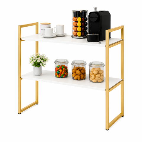 Aparador Industrial Buffet Mesa Prateleira Cantinho do Cafe 80x90 Luxo Sala Bufet Dourado e Branco