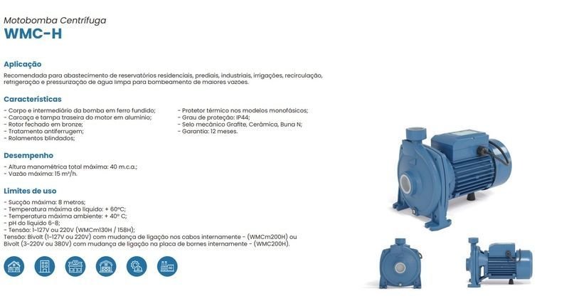 Bomba Claw Monoestágio Wmcm200h 2cv Monofásico 127/220v Azul 127/220 (m) - 3