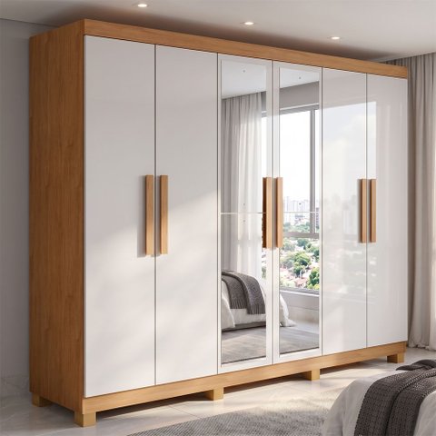 Guarda Roupa Casal 6 Portas Easy Slim com Espelho e Pés Amendoa/Off White