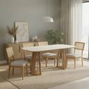 Ver imagem 1 de Mesa Jantar 180cm C/ 4 Cadeiras Estofadas para Sala 100% Mdf Cor:off White com Freijó e Linho Bege