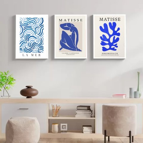 Kit 3 Quadros Modernos Matisse - Azul 45x34cm:madeira Preta
