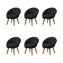 Kit 6 Poltronas Decorativa Canastra Estofada Linho Preto Pés Palito em Madeira Maciça - 1