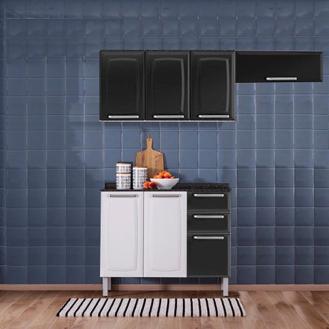 Cozinha Itatiaia Luce 7 Portas com Balcão 2 Gavetas Preto e Armários Aéreos Pretos