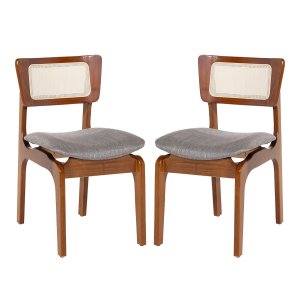 Kit 2 Cadeiras de Jantar Portugal em Madeira Imbuia Tela Rattan Linho Cinza L55