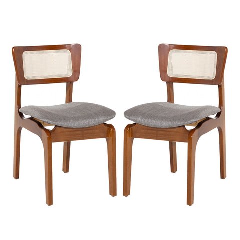 Kit 2 Cadeiras de Jantar Portugal em Madeira Imbuia Tela Rattan Linho Cinza L55