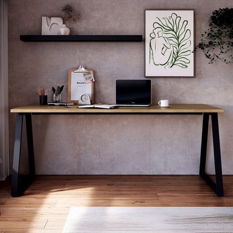 Mesa Escrivaninha para Escritório X com Pés Metal 160cm Industrial Executive Nogal e Preto Marrom
